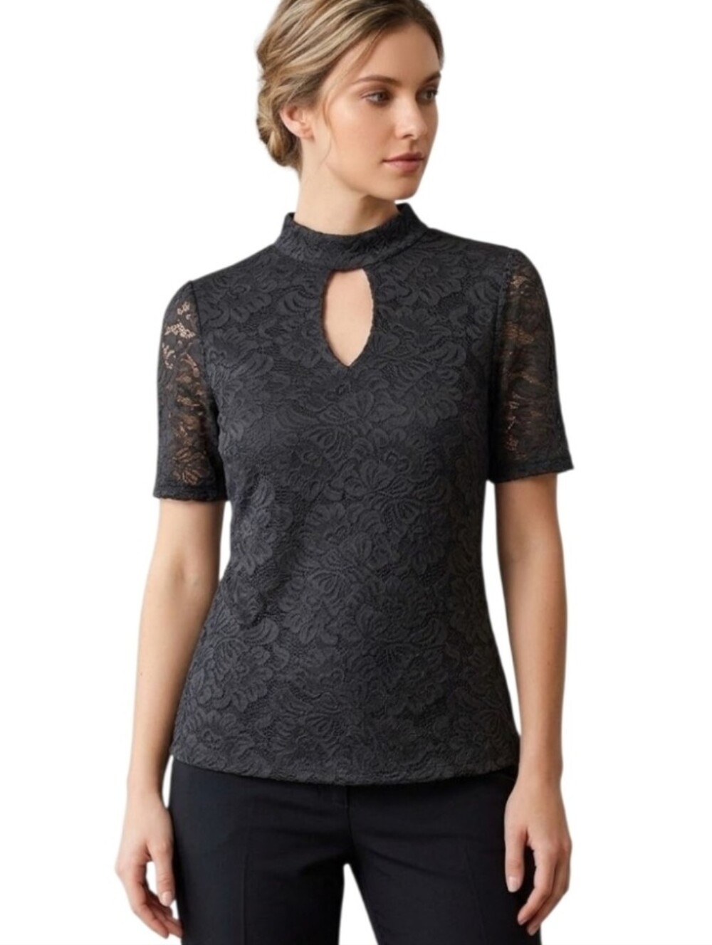 Lace Mock Neck Keyhole Detail Top